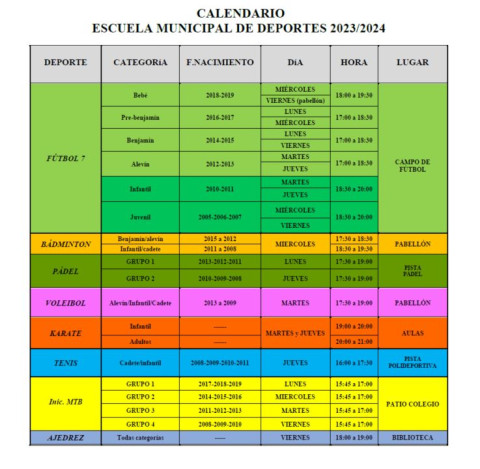 Calendario Escuela Municipal de Deportes 2023/2024
